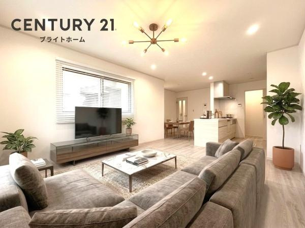 横浜市保土ケ谷区和田２丁目の新築一戸建の居間・リビング|自慢したくなるリビング！
形も良く家具の配置にも困りません。
※家具等はＣＧでの参考レイアウトです。
