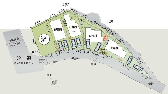 “静けさを選ぶ暮らし”上川井町｜ゆとりLDK×床暖房｜カースペース2台の全5棟分譲住宅★仲介手数料無料★の区画図|全5棟の分譲地で、各棟ゆとりある敷地を確保。前面道路に面し開放感のある配置で、車の出し入れもスムーズ。街並みの統一感とプライバシー性を両立した計画です。