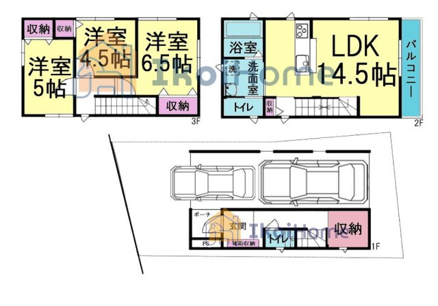 明石市二見町西二見　全1棟　新築戸建の間取り|【ホームページに現地動画掲載中】●年中無休：当日予約可●3階建の2階LDK14.5帖！収納豊富です！