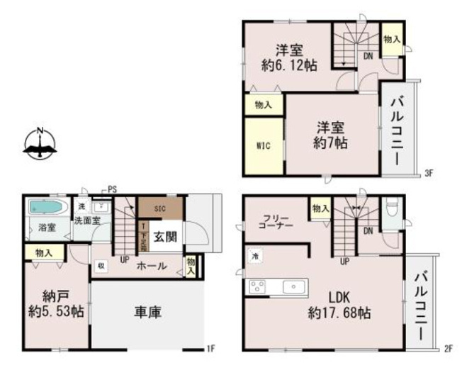 【間取り】 | 八尾市太田7丁目 | 3階建て「3LDK＋車庫」スマートキー・浄水器・浴室乾燥機完備☆前道幅員4.7ｍ☆LDKゆったり約17.6帖♪収納豊富♪24時間換気システム・複層ガラスサッシ・シックハウス対策☆