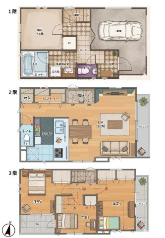 【間取り】 | 王禅寺西３丁目新築戸建て | 建物面積　109.20㎡ 
階別面積　1F：38.92㎡、2F：36.85㎡、3F：33.43㎡
間取り　3LDK+S
※フローリング等のデザインはイメージです。家具はつきません。