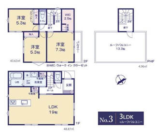 【間取り】 | 中央区中央3丁目 3号棟 | 南東向き　２階建て　3LDK　屋上バルコニー　全居室収納付き　WIC　