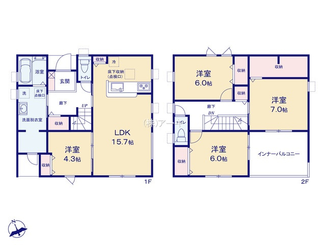 大府市吉川町4丁目93『仲介手数料無料』新築一戸建て・建売の間取り|　2号棟　1F:LDK15.7帖に隣接する洋室4.3帖はお子様の遊び場・奥様の家事室に便利！ゆとりの洗面室♪勝手口♪2F:主寝室7帖・洋室6帖・洋室6帖　CL設置♪廊下収納♪南面インナーバルコニー♪