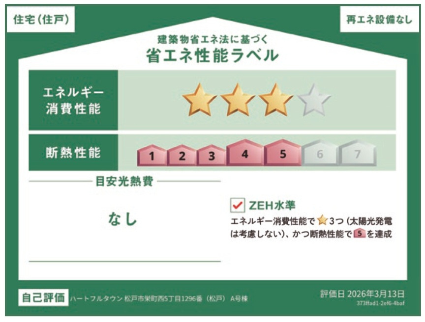 松戸市栄町西5丁目新築戸建【古ヶ崎小学校:9分】の省エネ性能ラベル|省エネ性能ラベル・ZEH水準