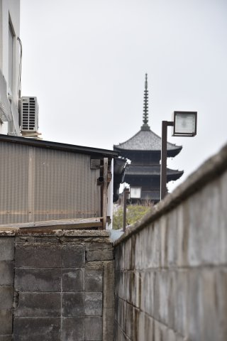 東寺東側 庭にひらく、黒の京町家の展望|お庭からは東寺五重塔が見えます