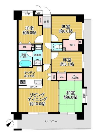 レクシオ東習志野の間取り|◆和室１室・洋室2室◆対面式カウンターキッチン◆全居室採光・収納有り