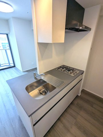 URBANEX上野のキッチン|ガス2口システムカウンターキッチン、料理しやすくシンクカバー付、奥まで整理しやすいスライド式の収納です