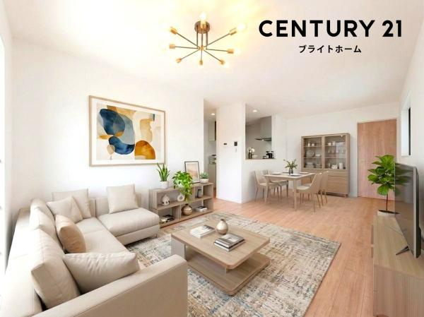 横浜市神奈川区三ツ沢上町の新築一戸建の居間・リビング|自慢したくなるリビング！
形も良く家具の配置にも困りません。
※家具等はＣＧでの参考レイアウトです。
