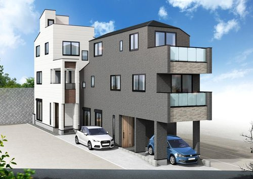 “駅徒歩8分でこの広さ”｜瀬戸ヶ谷町｜20帖超LDK×ルーフバルコニー×床暖房の全8棟★仲介手数料無料★の外観パース|モダンで洗練された外観デザインが印象的な2棟。異なるカラーリングで個性を持たせつつ、統一感のある街並みを形成しています。