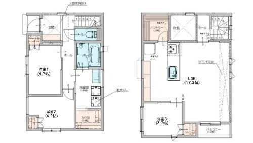 【中尾】吹抜×デザイン住宅｜17帖超LDK×収納充実（SIC・パントリー）｜2駅利用可｜落ち着いた住環境★仲介手数料無料★の間取り|3LDKの機能的な配置で、水回り集中設計や広々LDKにより家事動線と居住性のバランスが良好。