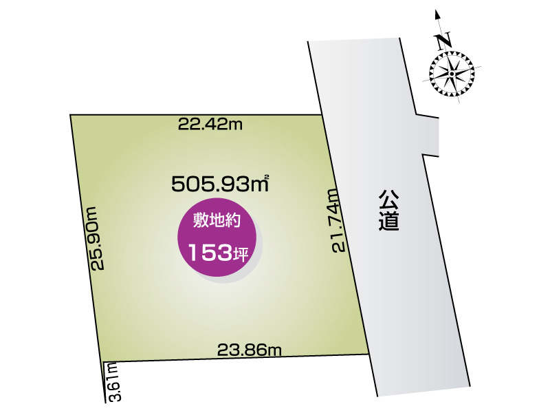 【館林市足次町4期1区画　区画図】
敷地面積505.93㎡(153.04坪)
東側接道約6.8ｍ幅