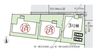 【区画図】 | 平塚市寺田縄 3号棟 11期 | ３号棟　北東角地　東側4.5m道路　北側3m道路　カースペース並列で２台（車種による）　セットバック