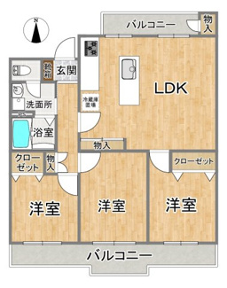 【間取り】 | 駒寄第一住宅 | 3室すべてが南側に面しており、室内には一日を通して明るい陽光が差し込みます。開放感のある住空間で、ご家族皆さまが心地よく過ごせる快適な住まいです。