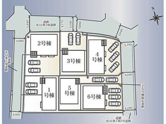 【区画図】 | 佐伯区八幡1丁目（全6棟）No5 | 全6区画のゆとりある開発分譲地です。北側と西側が道路に接した開放感のある角地（2号棟付近）や、カースペースを2台分確保した区画など、各棟の独立性と利便性に配慮した配置計画がなされています。