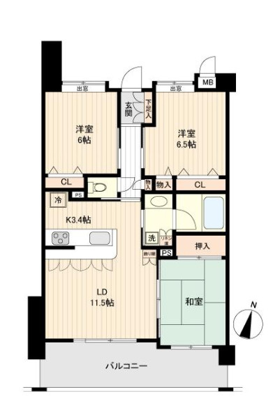 グリーンミユキ吉野町の間取り|専有面積71平米のゆとりある3LDKです。全居室に収納付き、6帖以上の広さを確保した機能的な間取りが魅力。対面キッチンからはリビングが見渡せ、ご家族との会話も弾みます。