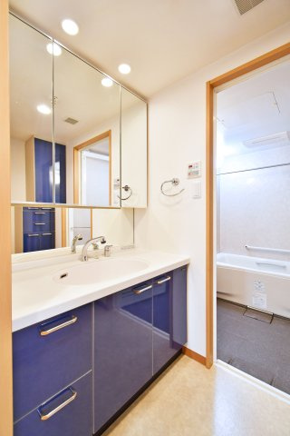 グリーンミユキ吉野町の独立洗面台|ブルーのパネルがスタイリッシュな独立洗面台は、リフォーム済みで清潔感に溢れています。三面鏡の裏や足元に豊富な収納を備え、散らかりがちな洗面小物もスッキリ整頓。毎朝の身支度が快適に捗ります。
