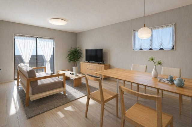 桂池尻町の完成予想図|【ＬＤＫパース】
リビングにはソファーやダイニングテーブルなどを置くゆとり有。※本パース図はイメージの為、実際の仕上がりとは多少異なる場合がございます。（建物面積89.51㎡、建物価格1818万円）