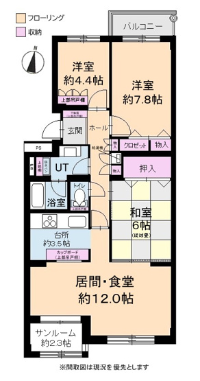 【間取り】 | 森林公園パークハウス西弐番街A棟 | ●南向き、日当り良好！バルコニー＆サンルーム付！
●4階部分、日当り・風通しも良好！
●ペット飼育可(管理規約に基づき)