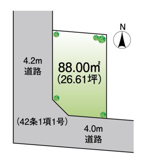 【土地図】 | 木更津市貝渕　土地　木更津駅 | 南西角地♪陽当たりと通風良好！建築条件ありません！お好きなプランで建築できます！！
約88㎡（約26坪）小さな店舗、事務所、自家用倉庫なども建築可能です。ご見学大歓迎です！お気軽にお問合せ下さい♪
