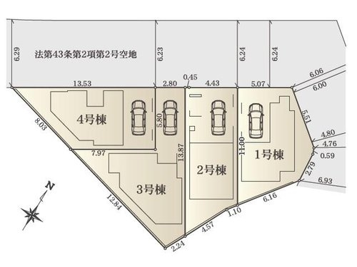 【鶴ヶ峰駅徒歩5分】全4棟分譲｜2階LDK17帖超×収納充実｜開放感×デザイン性の新築戸建て★仲介手数料無料★の区画図|全4棟の分譲地は、敷地形状を活かした配置計画。各棟カースペースを確保しつつ、プライバシーにも配慮された設計で、暮らしやすさが感じられます。