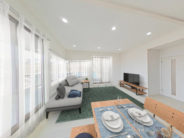 いわき市久之浜町末続　中古住宅 陽当たり良好！オーシャンビュー！4SLDK 不動産プラスの居間・リビング|リビングダイニングをCG合成で家具を配置したイメージです。