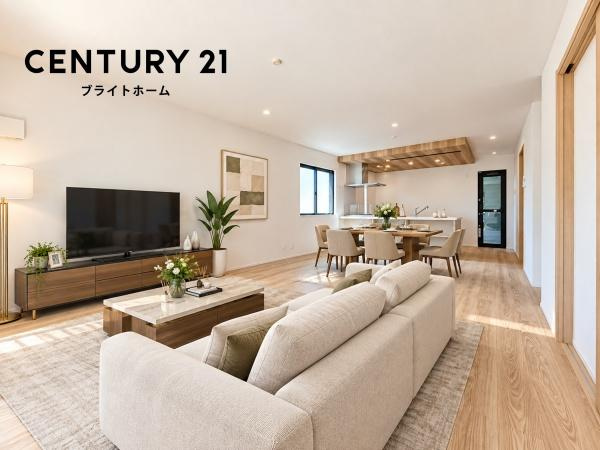 横浜市保土ケ谷区上菅田町の新築一戸建の居間・リビング|自慢したくなるリビング！
形も良く家具の配置にも困りません。
※家具等はCGでの参考レイアウトです。
