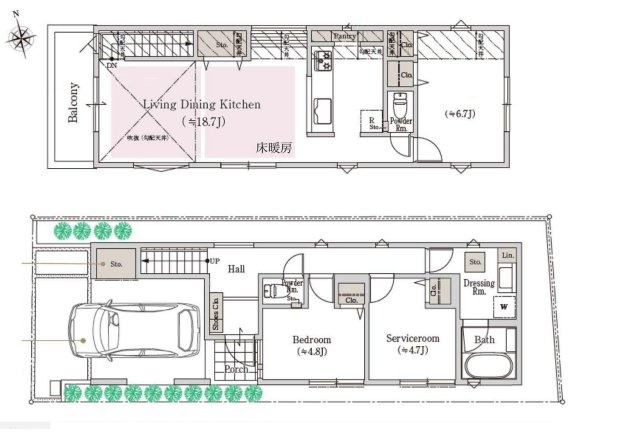 杉並区下井草3丁目 全3棟 1号棟の間取り|土地面積/87.38㎡・建物面積/105.36㎡のゆとりある2LDK+S空間設計の家
建物面積に車庫部分13.76㎡含む