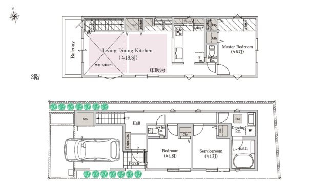 杉並区下井草3丁目 全3棟 2号棟の間取り|土地面積/87.38㎡・建物面積/105.36㎡のゆとりある空間設計の家2LDK+S
建物面積に車庫部分13.76㎡含む
