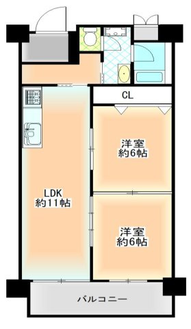 【間取り】 | シャトー幸福 | 中古マンション　2LDK　専有面積：52.26平米　バルコニー面積：6.58平米　西向き