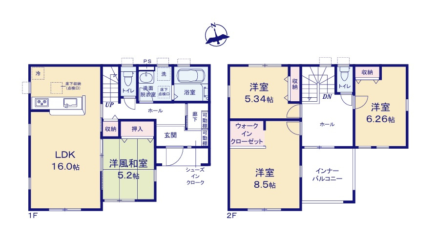 リーブルガーデン  水戸市堀町　第23　限定1棟！の間取り|　
☆全室明るい二面窓、通風も良好です。収納スペースも全居室に配備しました。バルコニーに面した2階ホールは明るく自由な空間です♪