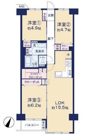 ハイツ越谷の間取り|約15.5帖の広々としたLDKを中心に、家族が集まりやすい3LDKの間取りです。大容量のファミクロを備え、住空間をスッキリ保てます。全居室に収納があり、荷物が多い世帯にも配慮されています。