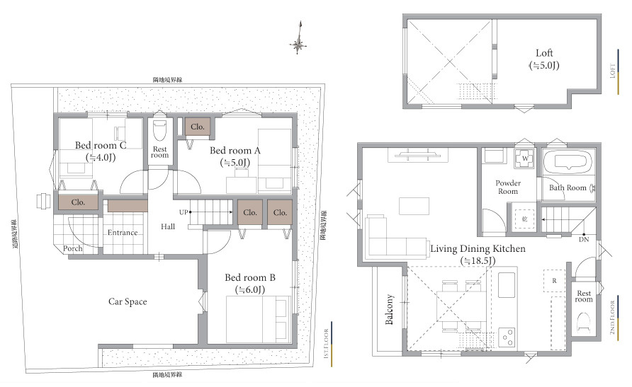 練馬区北町7丁目　アクセス便利　低層エリアの限定1区画の土地図＋建物プラン例|3LDK+ロフト+ビルトイン車庫　敷地面積 77.89ｍ2　建物面積 85.85ｍ2(車庫部分含む)　建物価格 2,000万円