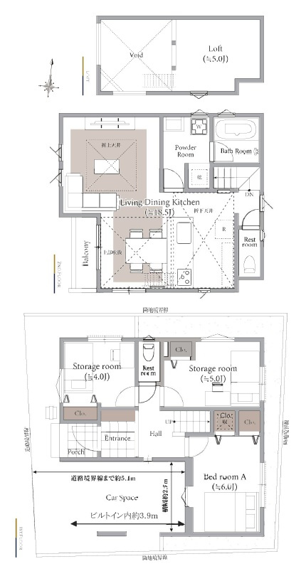練馬区北町7丁目　アクセス便利　低層エリアの限定1棟の間取り|2LDK+S・ロフト・ビルトイン車庫　敷地面積 77.89ｍ2　建物面積 85.85ｍ2(車庫部分10.93m2含む)　