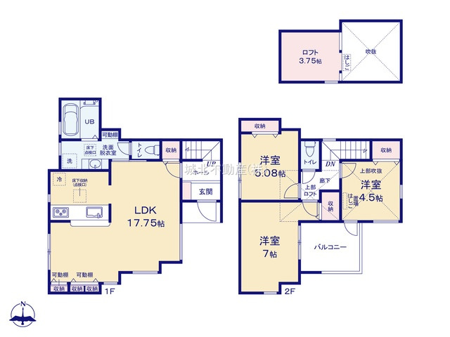 杉並区宮前1丁目 全4棟 1号棟の間取り|1階リビング+水回りを配した生活しやすい間取り
収納などに便利なロフト付き
