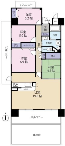 芦屋ハイタウンの間取り|南西角住居　陽当り・通風良好