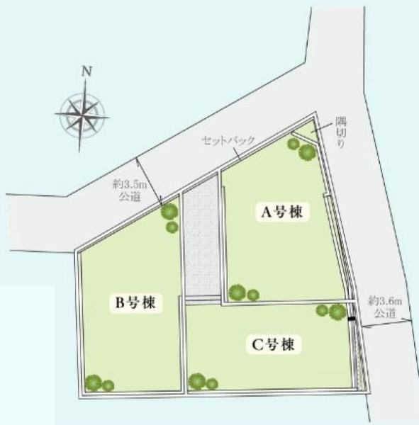 横浜市南区清水ケ丘の新築一戸建の区画図|全3区画のB号棟になります。