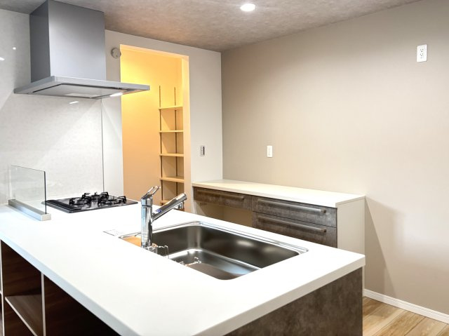 厚木市妻田南１丁目　新築一戸建のキッチン|キッチンには食洗器付き、背面はカップボード、奥にはパントリーがあります。