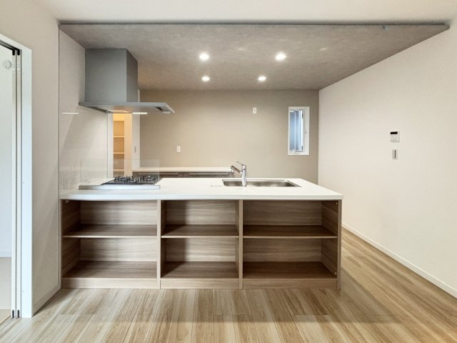 厚木市妻田南１丁目　新築一戸建のキッチン|ペニンシュラ型フラット対面キッチンは背面収納となってます。