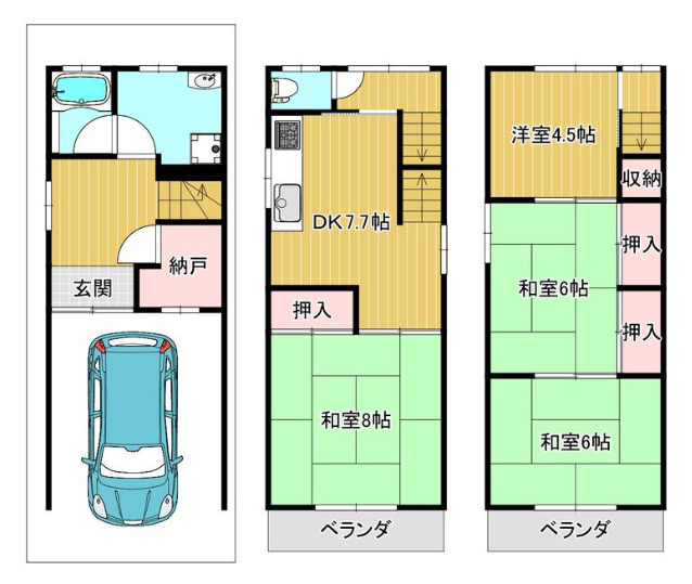 【間取り】 | 東大阪市玉串元町2丁目 | 【4DK＋車庫】内外装全面リフォーム済み☆システムキッチン・ユニットバス・浴室乾燥機・給湯器（追炊付）・洗面台・TVモニターホン新調等☆