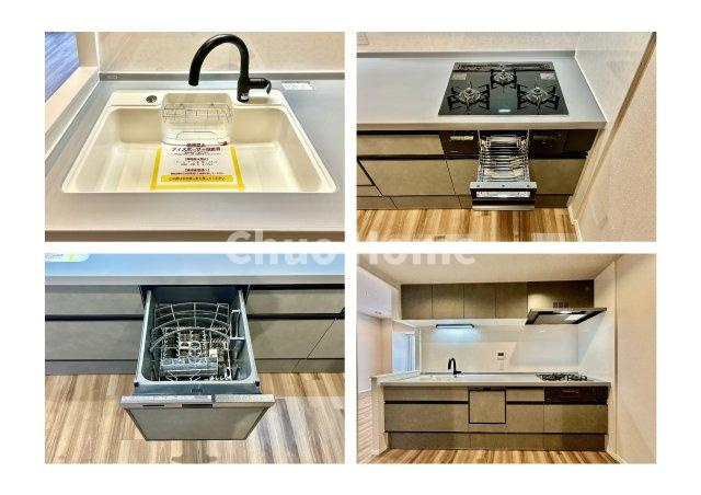 TOWER RESIDENCE TOKYOのキッチン|【システムキッチン】ワイドで収納豊富な使い勝手の良いシステムキッチンには、食洗器・伸縮タイプのキッチン水栓、三ツ口コンロ・魚焼きグリルなどの便利な設備が標準完備されています。