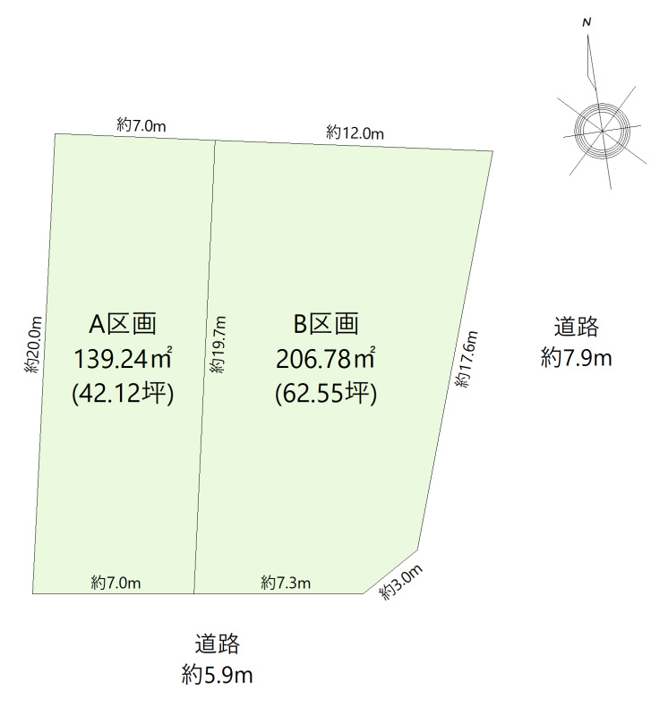 岡崎市竜美東三丁目土地B区画の土地図|岡崎市竜美東三丁目土地
A区画　139.24㎡（42.12坪）価格2,530万円
B区画　206.78㎡（62.55坪）価格4,070万円