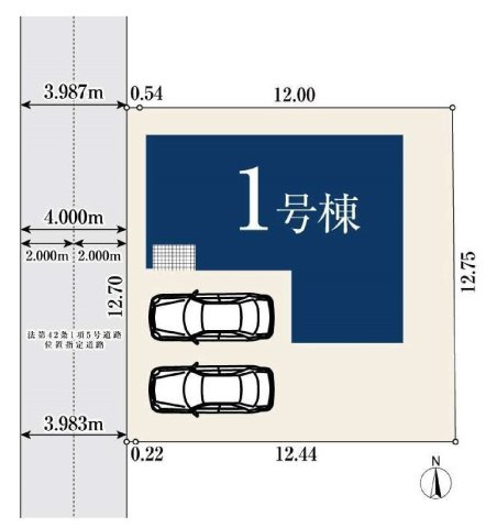 今宿2丁目｜南向き×20帖超LDK｜書斎＋WIC一体型収納で片付く家｜ツインバルコニー×並列2台駐車★仲介手数料無料★の区画図|ゆとりある敷地に建物を配置し、並列2台駐車が可能なプラン。前面道路も広く、車の出し入れもスムーズです。敷地にゆとりがあることで、開放感とプライバシー性を両立した配置となっています。