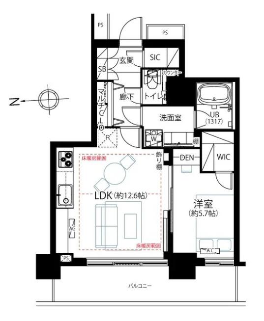 1LDK、専有面積：47.91平米、バルコニー面積：9.9平米