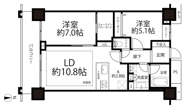 2LDK+WIC、専有面積：62.28平米、バルコニー面積：9.30平米