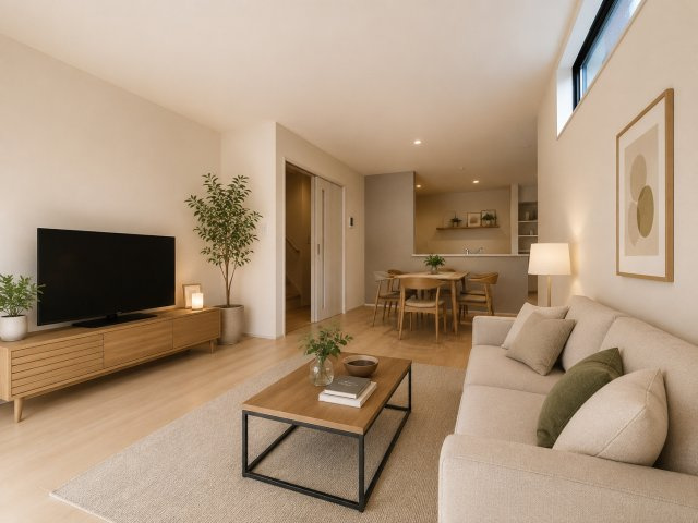 八潮市　八潮7丁目　新築戸建　全4棟の居間・リビング|ゆったり過ごせる居間です　※家具をCGで加工しており、家具付き販売ではございません。