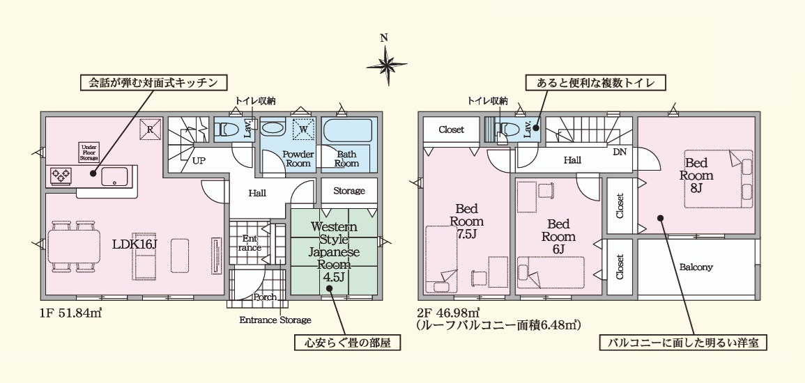 Cradlegarden　 北茨城市中郷町日棚　第1　限定1棟！の間取り|　
☆2階は全室ゆったり6帖以上。収納スペースも全室に配備。和室はリビングと離れているので、客間とプライベート空間を分けられます。居室は全室明るい南向きです。