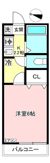 【間取り】 | アゼリア | キッチン2.2帖・洋室6帖の1Kタイプのお部屋です☆はじめての一人暮らしにもぴったり♪