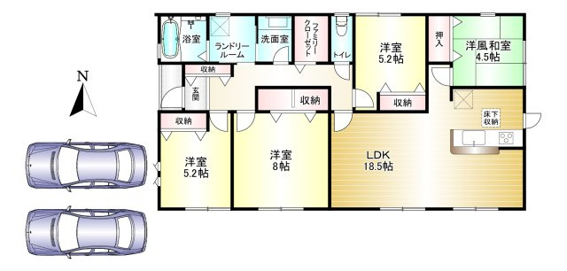 田原本町黒田4期　の間取り|4LDK　土地面積：200.04㎡　建物面積：95.58㎡　駐車スペース2台
