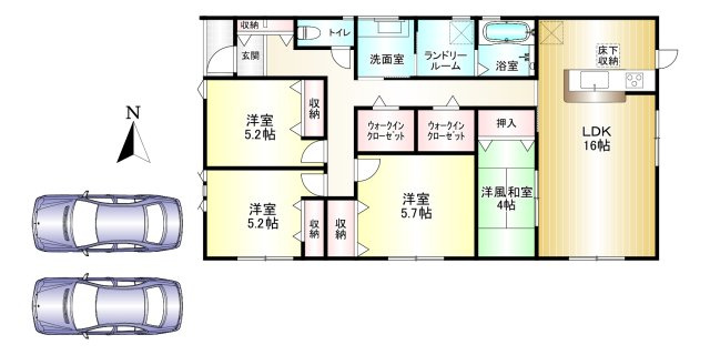 田原本町黒田4期　の間取り|4LDK＋1WIC　土地面積：200.05㎡　建物面積：95.58㎡　駐車スペース2台