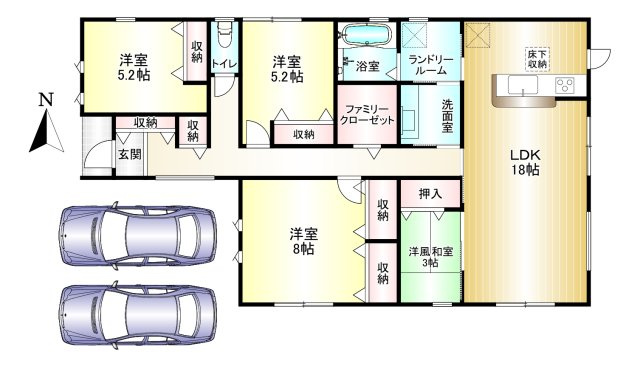 田原本町黒田4期　の間取り|4LDK　土地面積：200.04㎡　建物面積：98.82㎡　駐車スペース2台